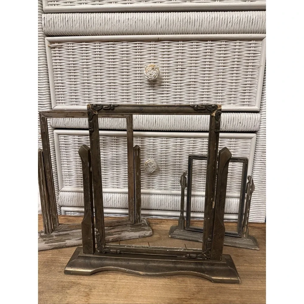 Vintage Antique Swivel Pedestal Picture Frame Set of 4 Distressed Metal Wood